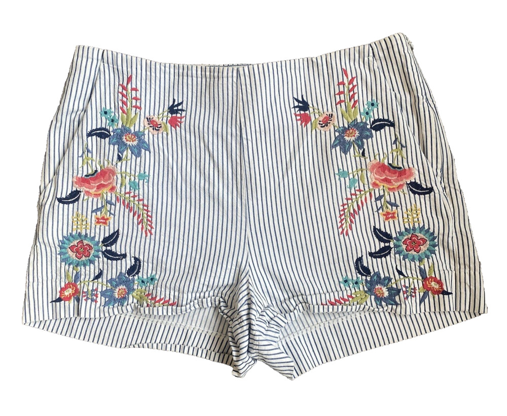 Loft Shorts Womens 4 White & Blue Striped Floral Casual Vacation Resort Wear